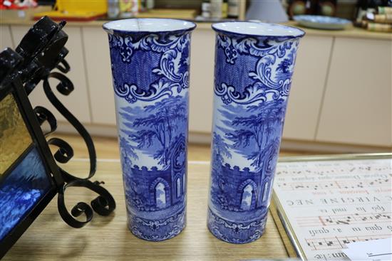 A modern Persian style two handled vase and a pair of blue and white sleeve vases